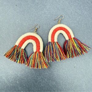 Colorful Macrame Rainbow Tassel Earrings Red Yellow Blue